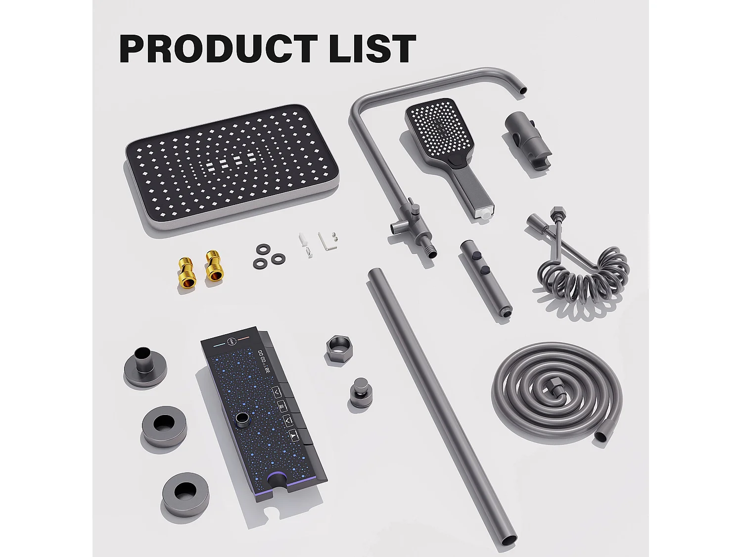 Colonne de douche en alliage de titane gris, pomme de douche rectangulaire, 4 modes de jet, affichage LED ciel étoilé, douchette à main réglable