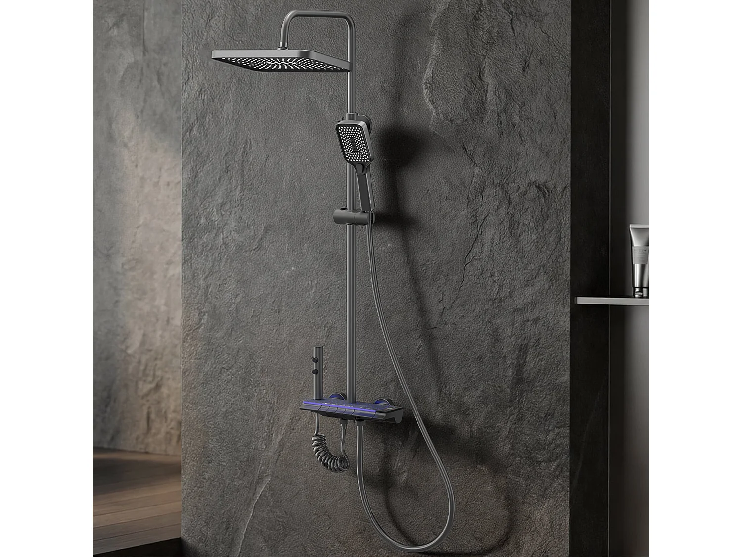 Colonne de douche en alliage de titane gris, pomme de douche rectangulaire, 4 modes de jet, affichage LED ciel étoilé, douchette à main réglable