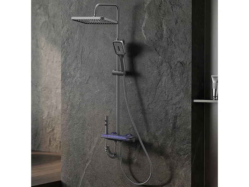 Colonne de douche en alliage de titane gris, pomme de douche rectangulaire, 4 modes de jet, affichage LED ciel étoilé, douchette à main réglable