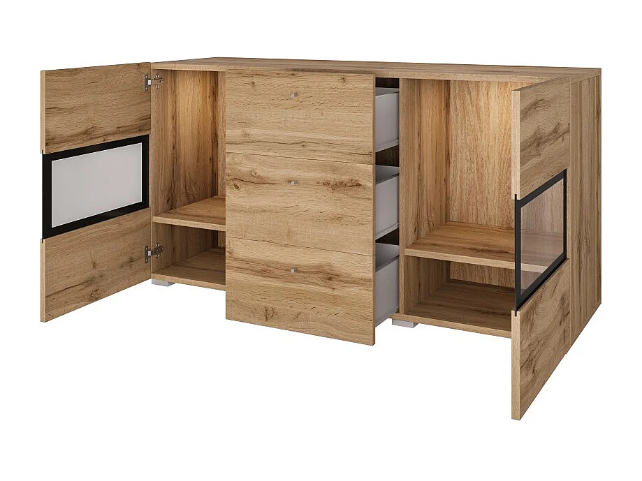 Buffet RAMOS 130 cm – Gouden eiken en zwart – Ingebouwde multikleur LED – 2 glazen deuren en 3 laden