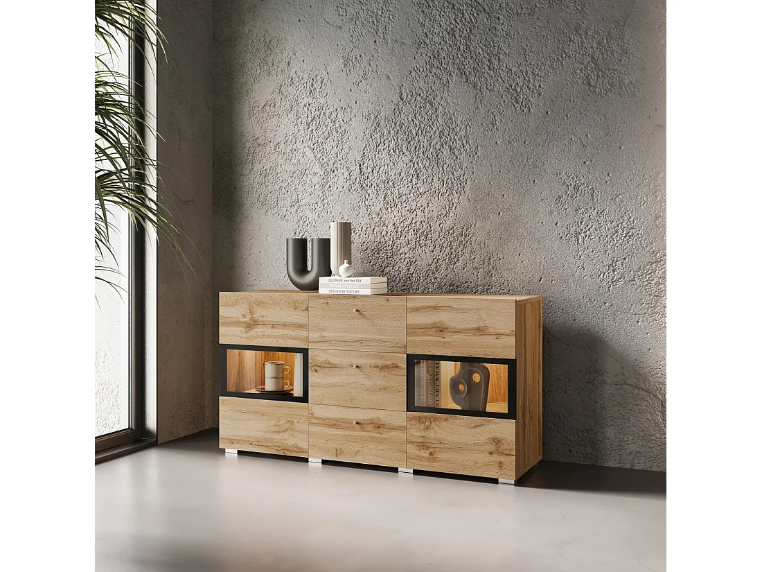 Buffet RAMOS 130 cm – Gouden eiken en zwart – Ingebouwde multikleur LED – 2 glazen deuren en 3 laden