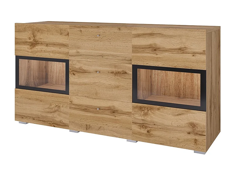 Buffet RAMOS 130 cm – Gouden eiken en zwart – Ingebouwde multikleur LED – 2 glazen deuren en 3 laden