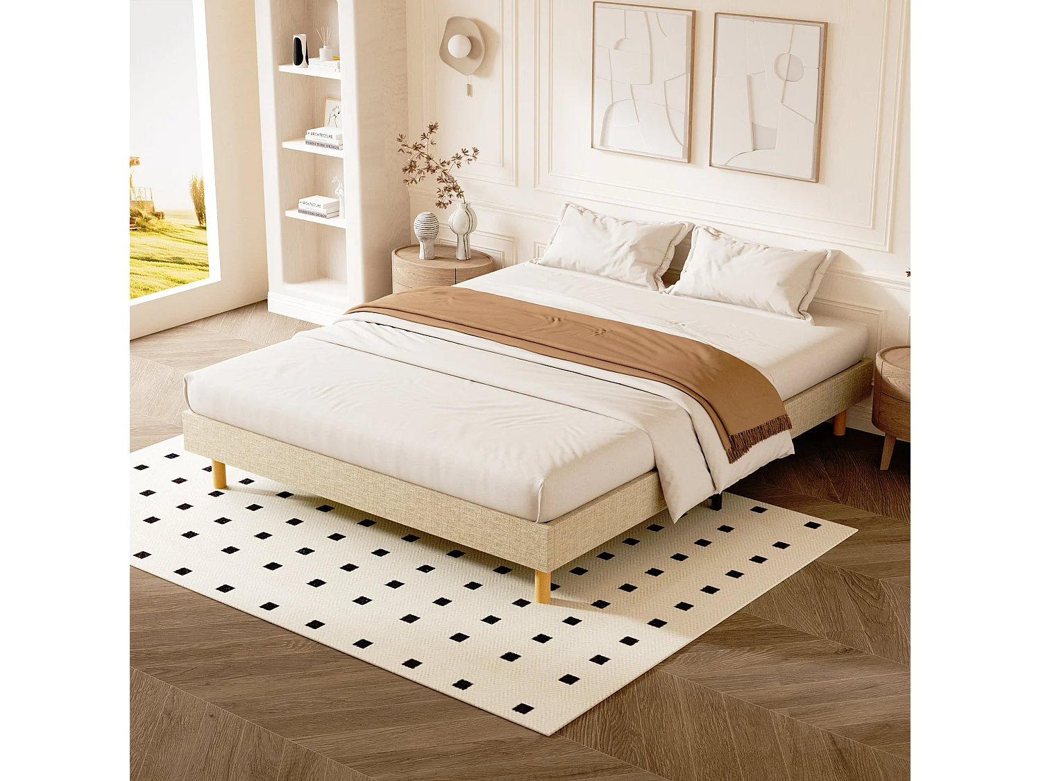 Gestoffeerde bedbodem 160x200cm, 14 latten, Comfort, beige