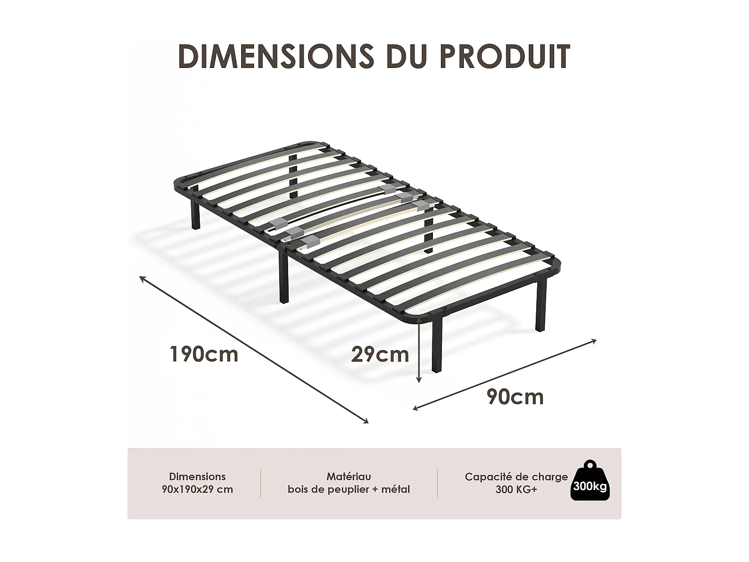 Versterkte lattenbodem 90 x 190 cm, 1 x 14 rijen, 6 poten, zwarte afwerking