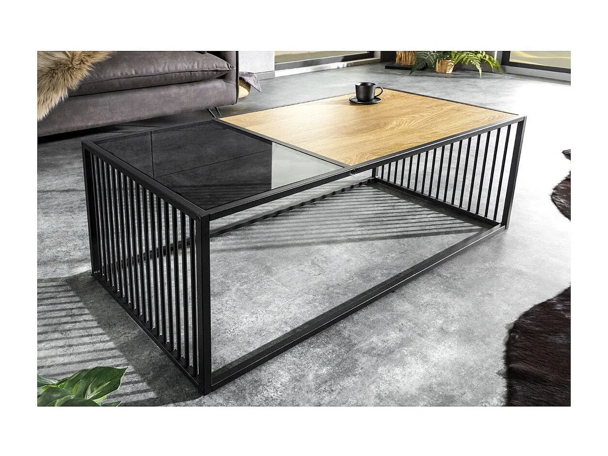 Beistelltisch ABITTA rechteckig 100 cm in hellem Eichenholz und Rauchglas – Modern mit gemischter Holz- und Glasplatte