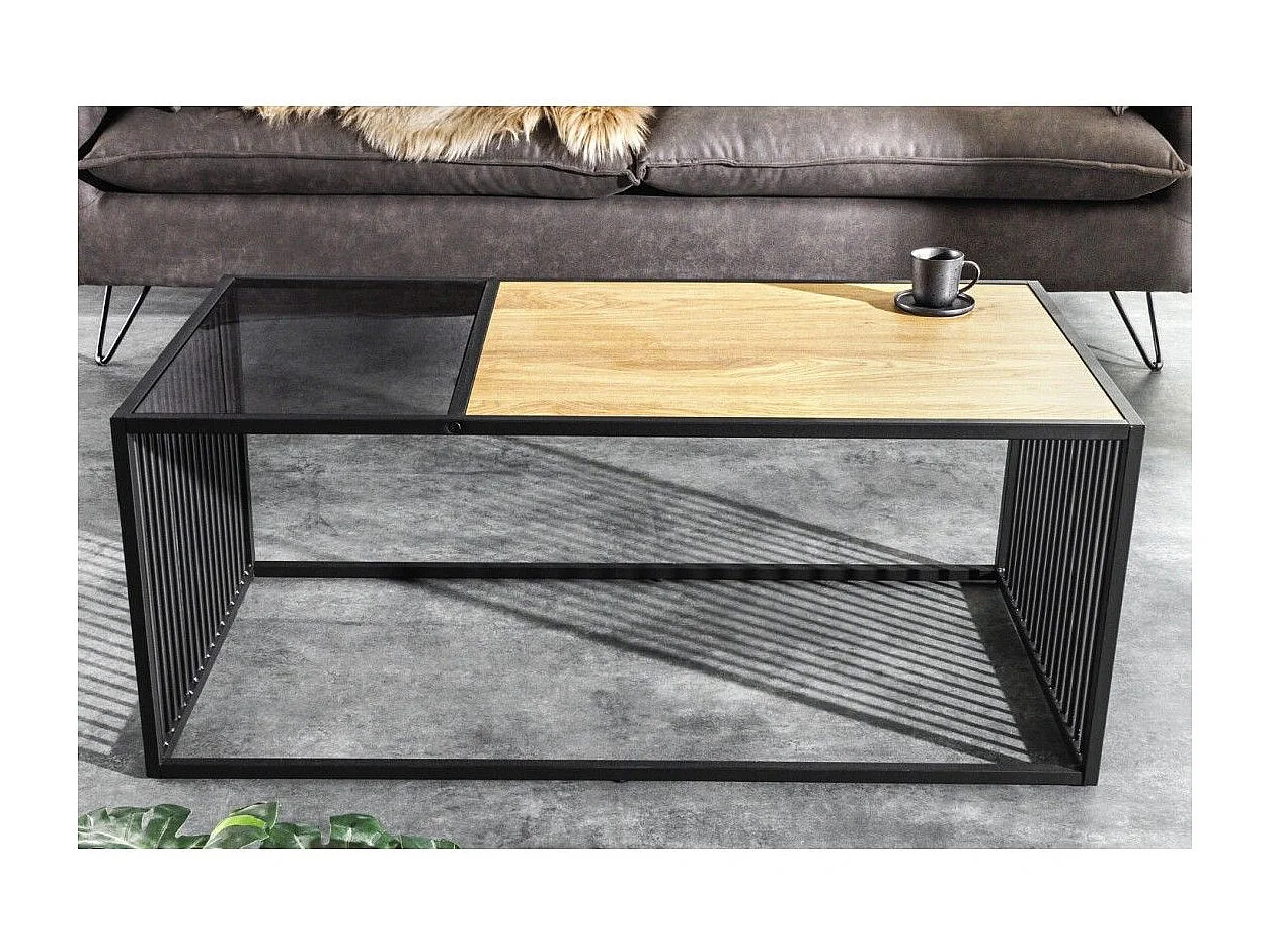 Beistelltisch ABITTA rechteckig 100 cm in hellem Eichenholz und Rauchglas – Modern mit gemischter Holz- und Glasplatte