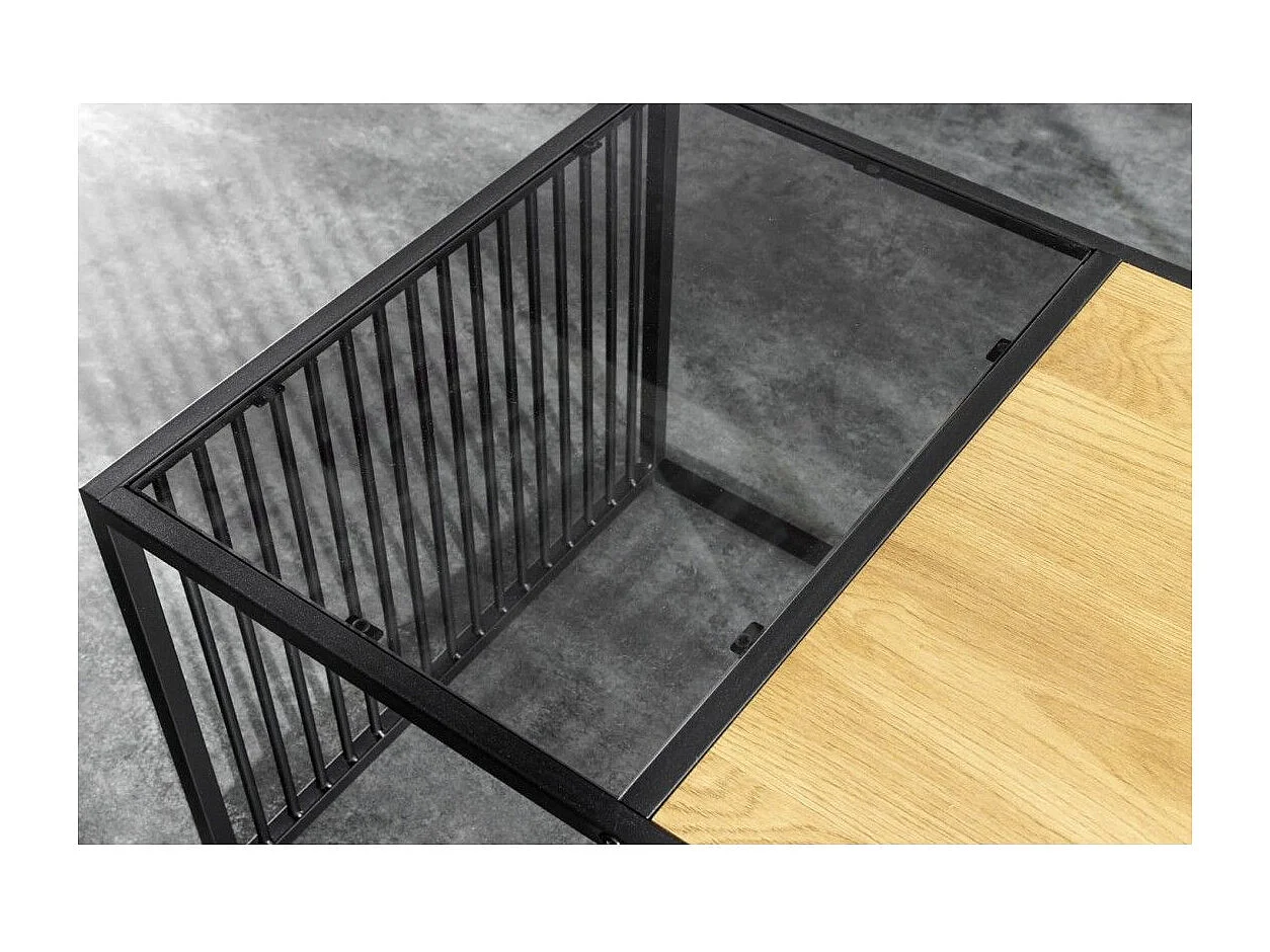 Beistelltisch ABITTA rechteckig 100 cm in hellem Eichenholz und Rauchglas – Modern mit gemischter Holz- und Glasplatte