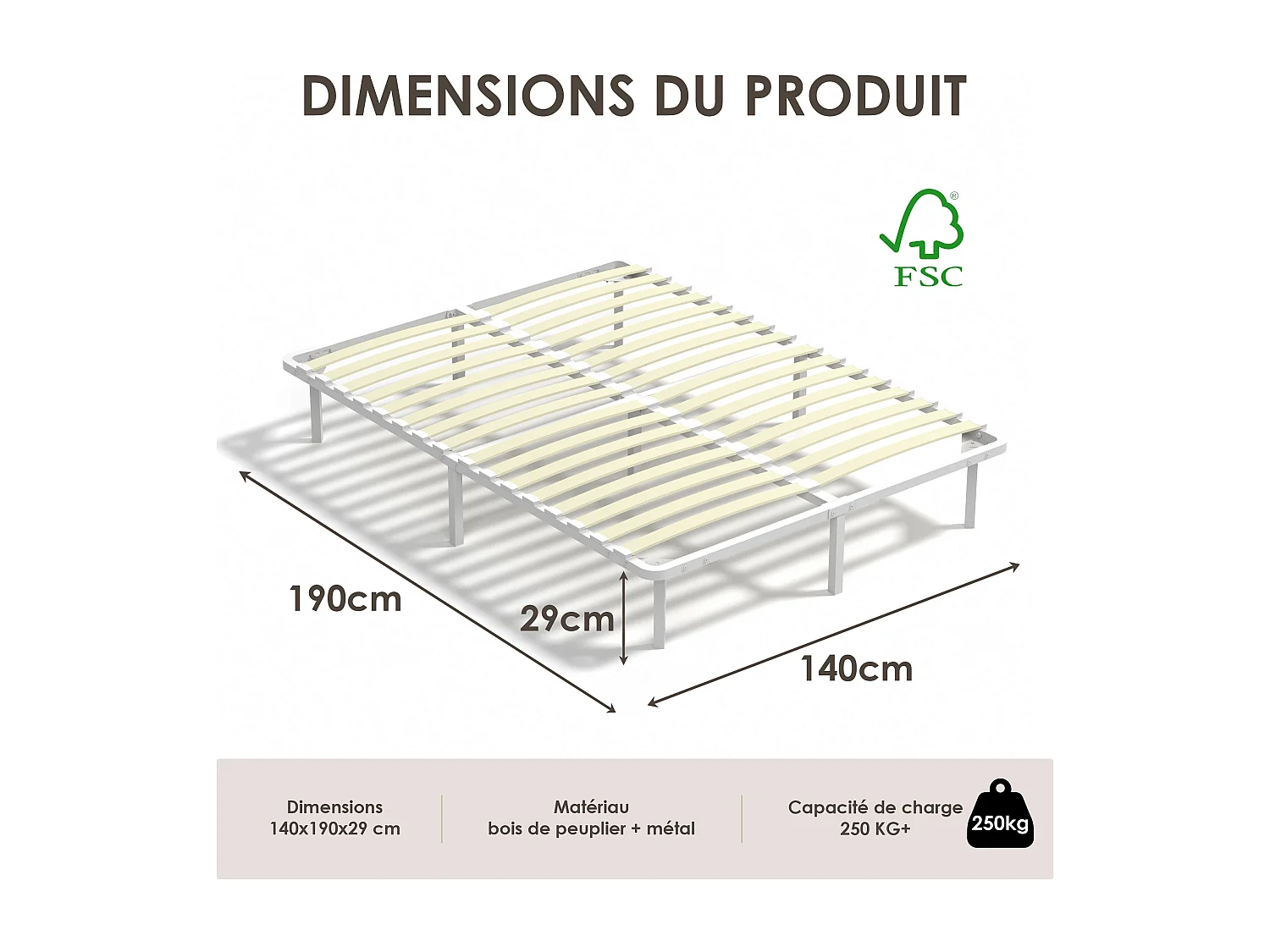 Sommier à lattes 140x190 cm, 2x16 rangs,  incl. 9 repose-pieds