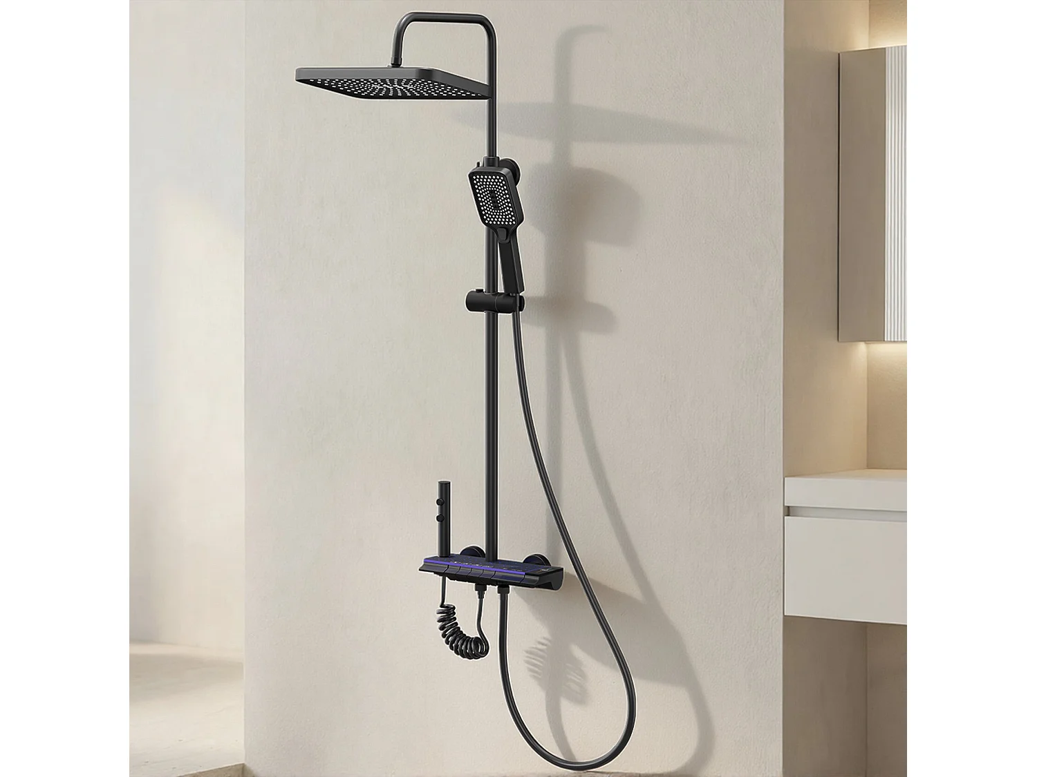 Colonne de douche en alliage de titane noir Pomme de douche rectangulaire Quatre modes de jet Écran LED ciel étoilé Douchette à main réglable à trois positions