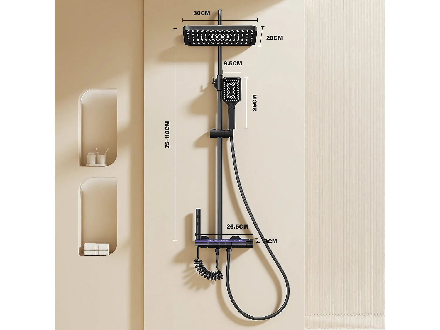 Colonne de douche en alliage de titane noir Pomme de douche rectangulaire Quatre modes de jet Écran LED ciel étoilé Douchette à main réglable à trois positions