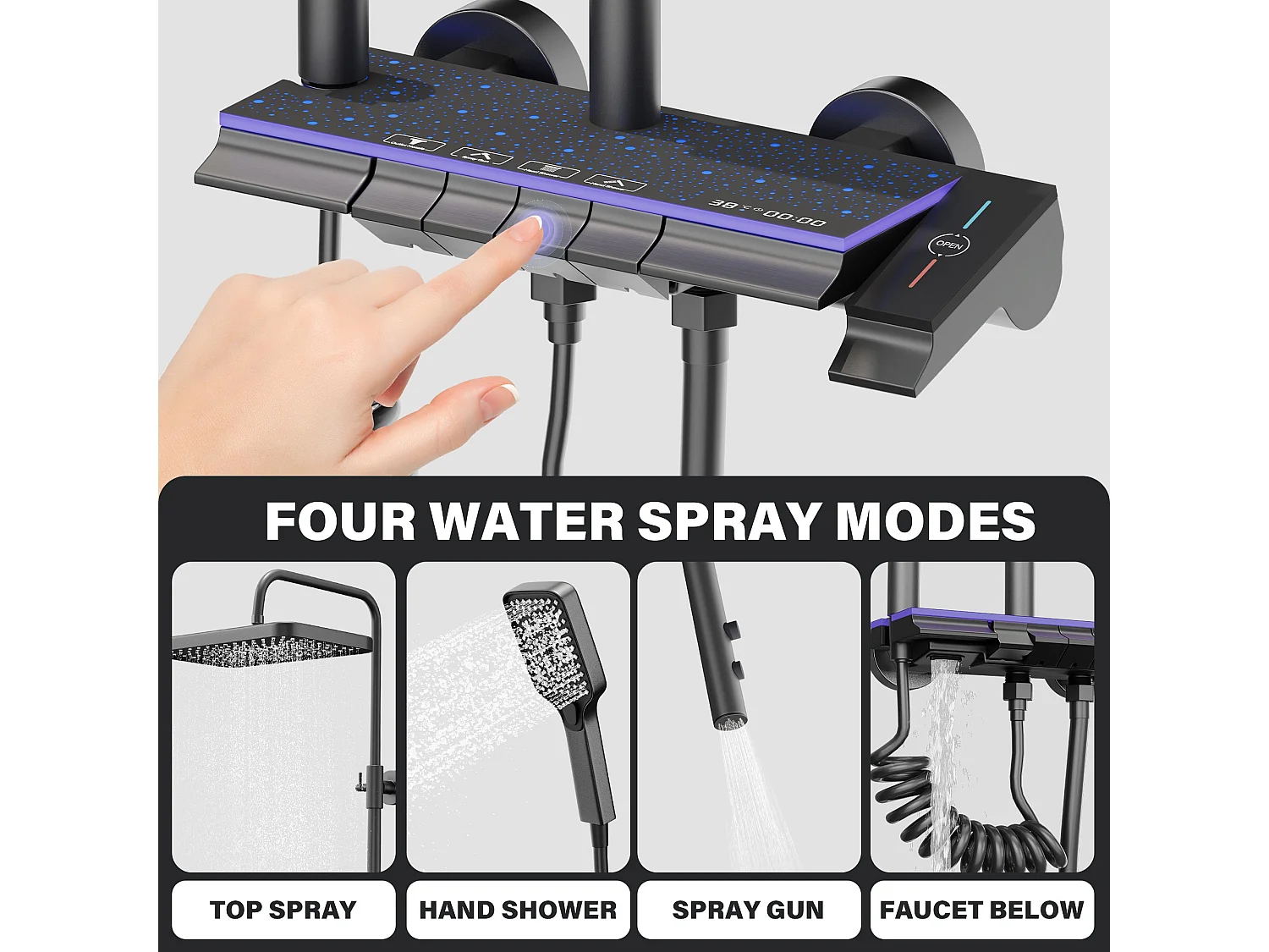 Colonne de douche en alliage de titane noir Pomme de douche rectangulaire Quatre modes de jet Écran LED ciel étoilé Douchette à main réglable à trois positions