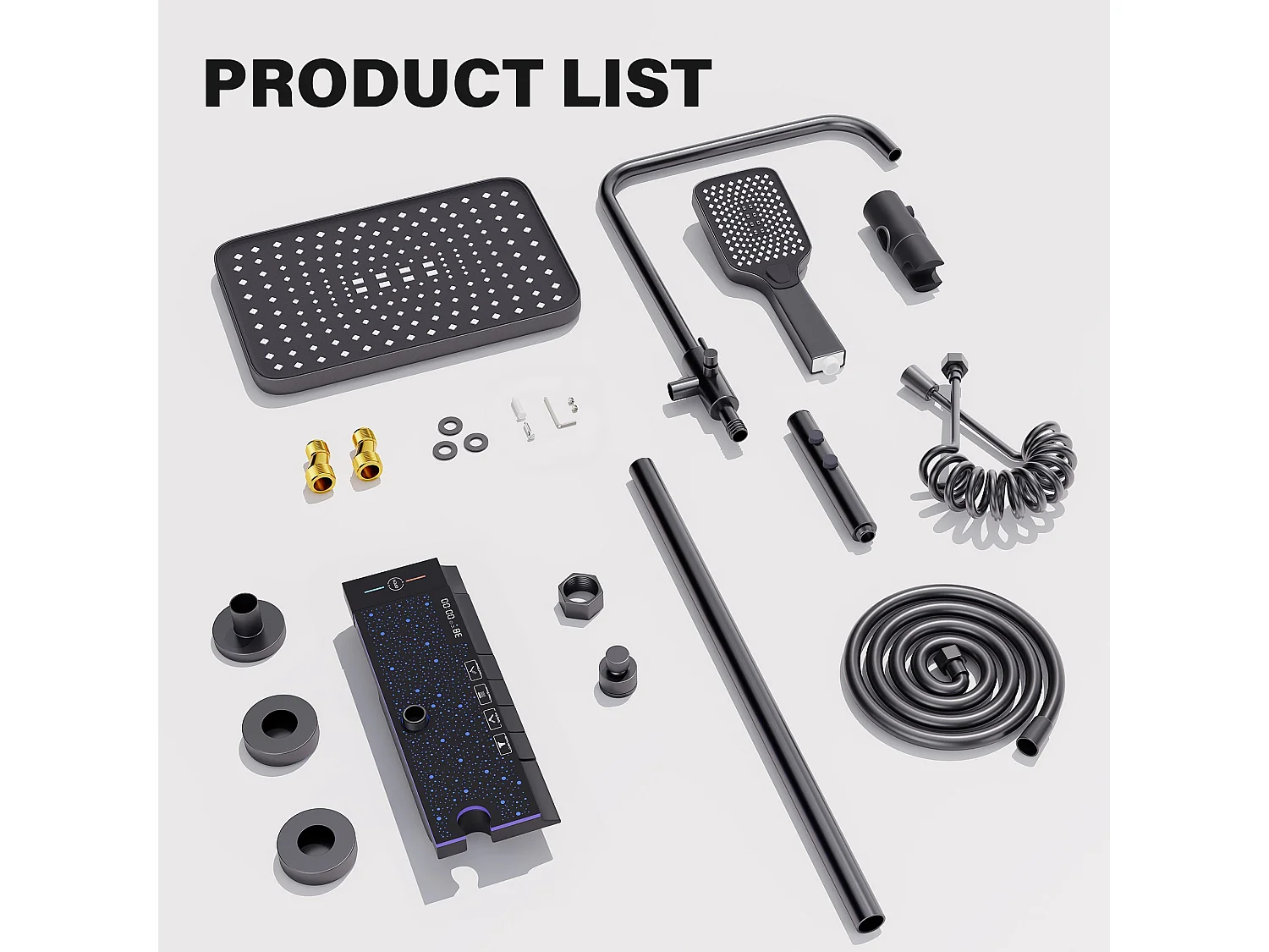 Colonne de douche en alliage de titane noir Pomme de douche rectangulaire Quatre modes de jet Écran LED ciel étoilé Douchette à main réglable à trois positions