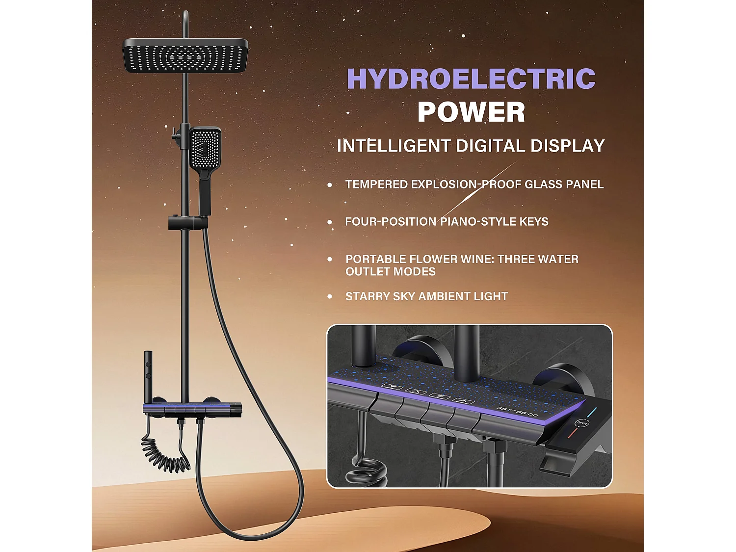 Colonne de douche en alliage de titane noir Pomme de douche rectangulaire Quatre modes de jet Écran LED ciel étoilé Douchette à main réglable à trois positions