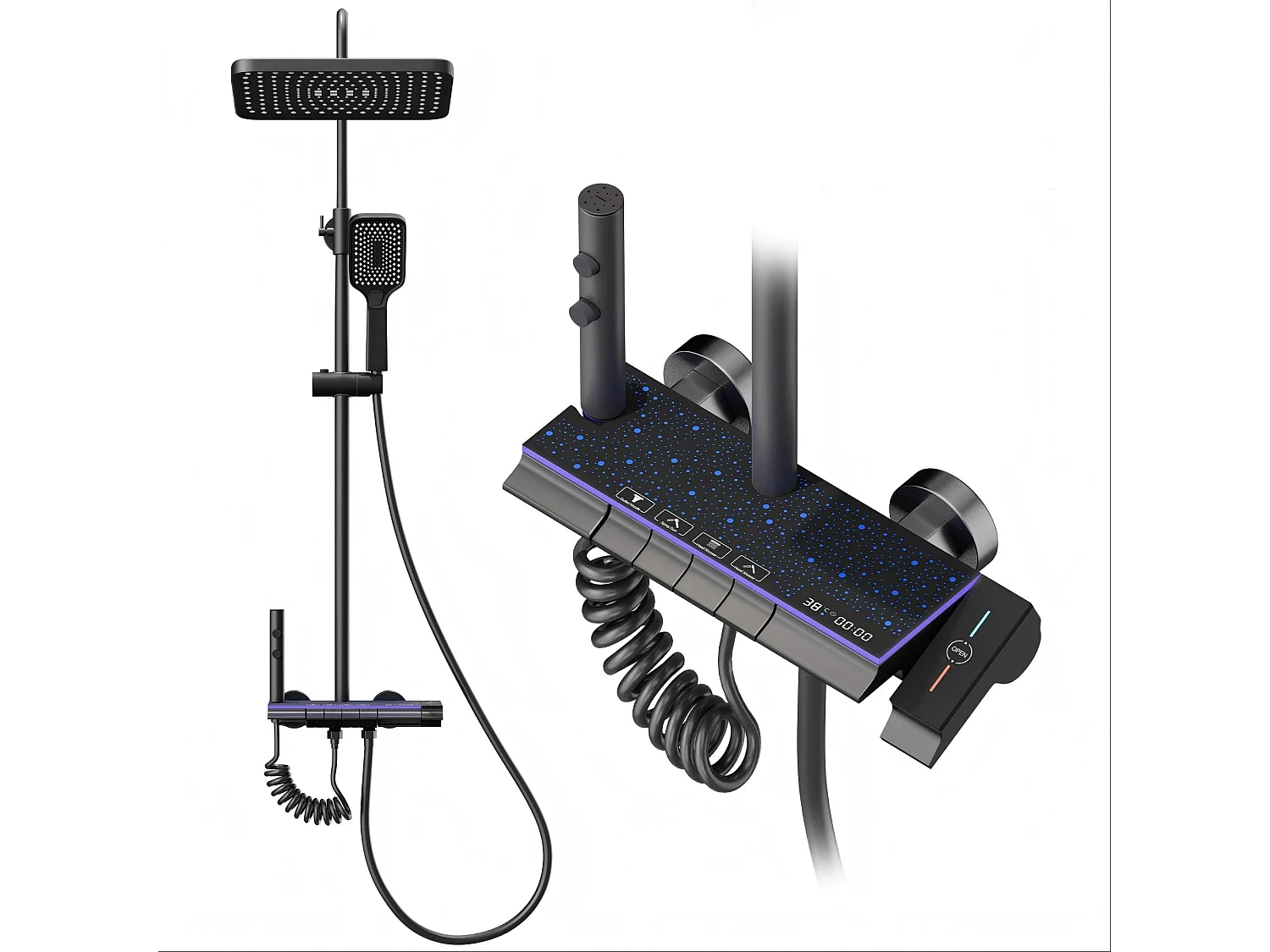 Colonne de douche en alliage de titane noir Pomme de douche rectangulaire Quatre modes de jet Écran LED ciel étoilé Douchette à main réglable à trois positions
