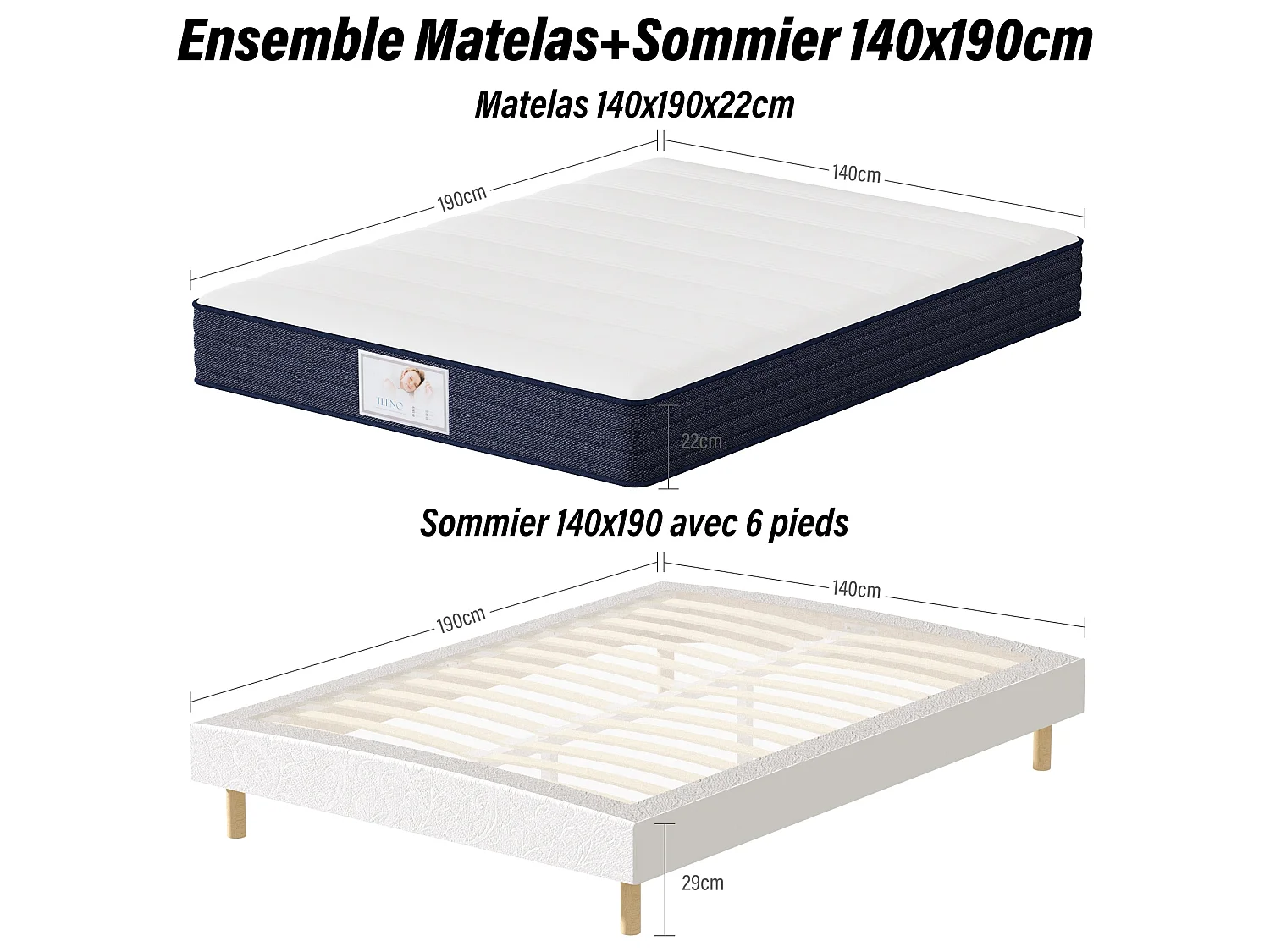 Ensemble Matelas à ressorts+ Sommier à Lattes 140x190cm, Epaisseur du Matelas 22cm