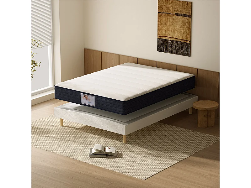 Ensemble Matelas à ressorts+ Lit Sommier Tapissier Déco 140x190cm, Epaisseur du Matelas 22cm