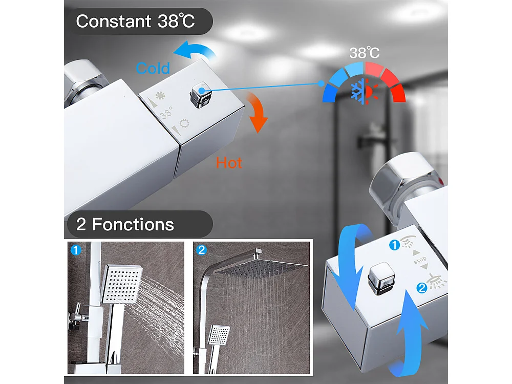 Colonne de Douche Thermostatique, avec Mitigeur Réglable Hauteur, Argentée