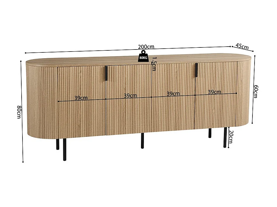 Buffet VAGOS – Coloris chêne naturel – 4 portes – 200 cm – Grand bahut moderne – Rangement spacieux