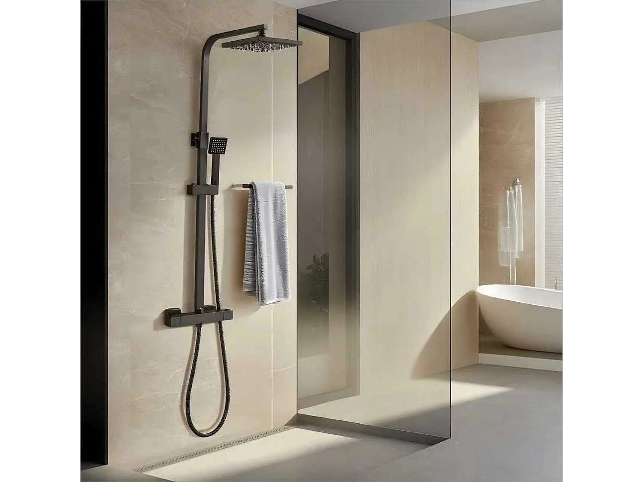 Colonne de douche thermostatique avec pomme de douche, réglable en hauteur, élégante