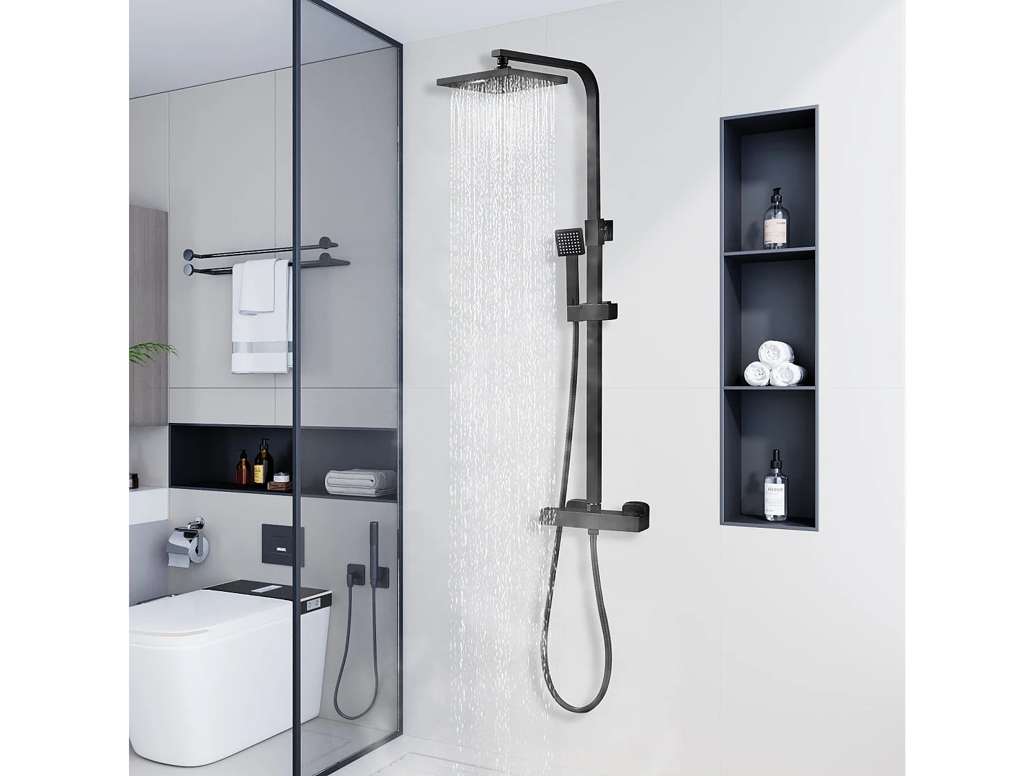 Colonne de douche thermostatique avec pomme de douche, réglable en hauteur, élégante