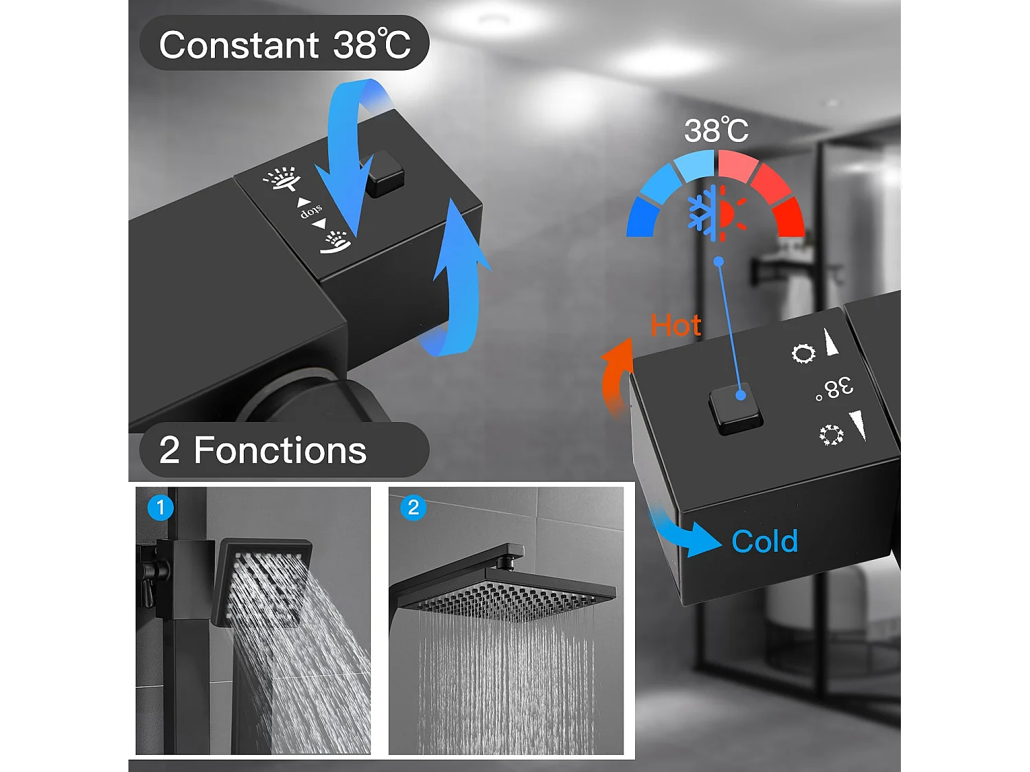 Colonne de douche thermostatique avec pomme de douche, réglable en hauteur, élégante