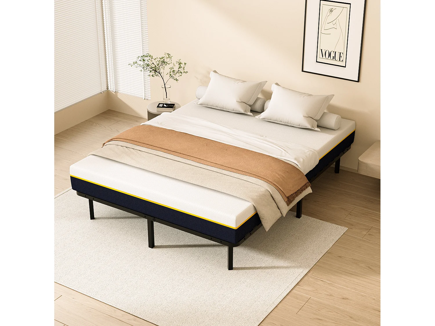 Matelas double en mousse de 21 cm + sommier à lattes de 16 rangs 140x190 cm