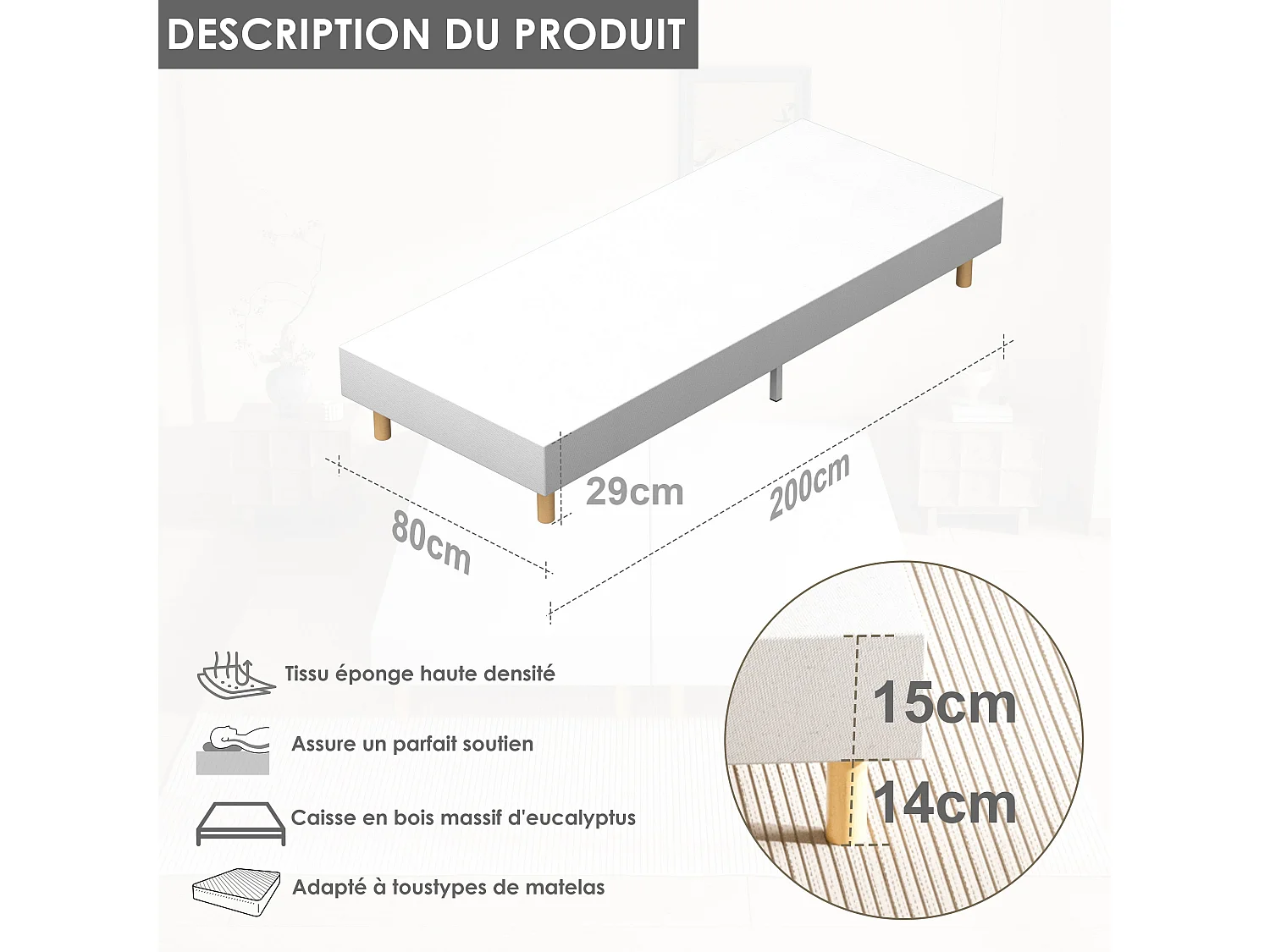 Sommier Tapissier à Lattes 80x200cm Blanc, 6 pieds