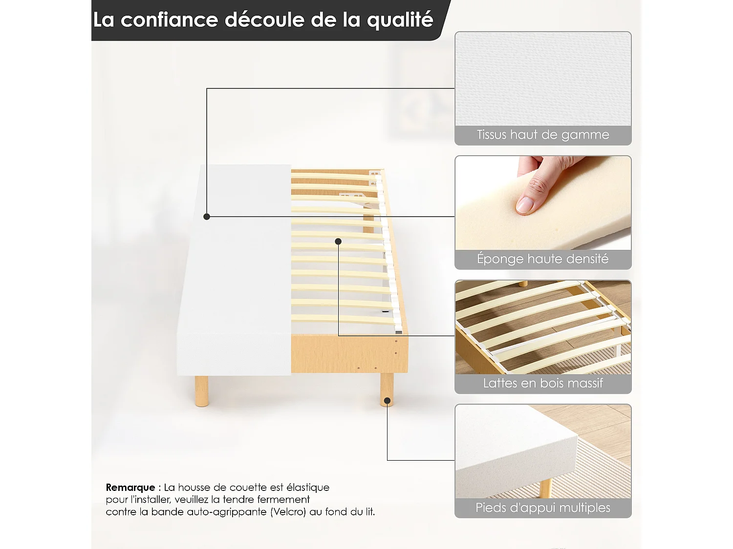 Sommier Tapissier à Lattes 80x200cm Blanc, 6 pieds