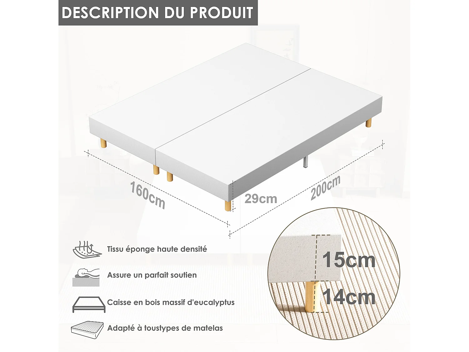 Sommier Tapissier 160x200 (2x80x200), 6 pieds*2