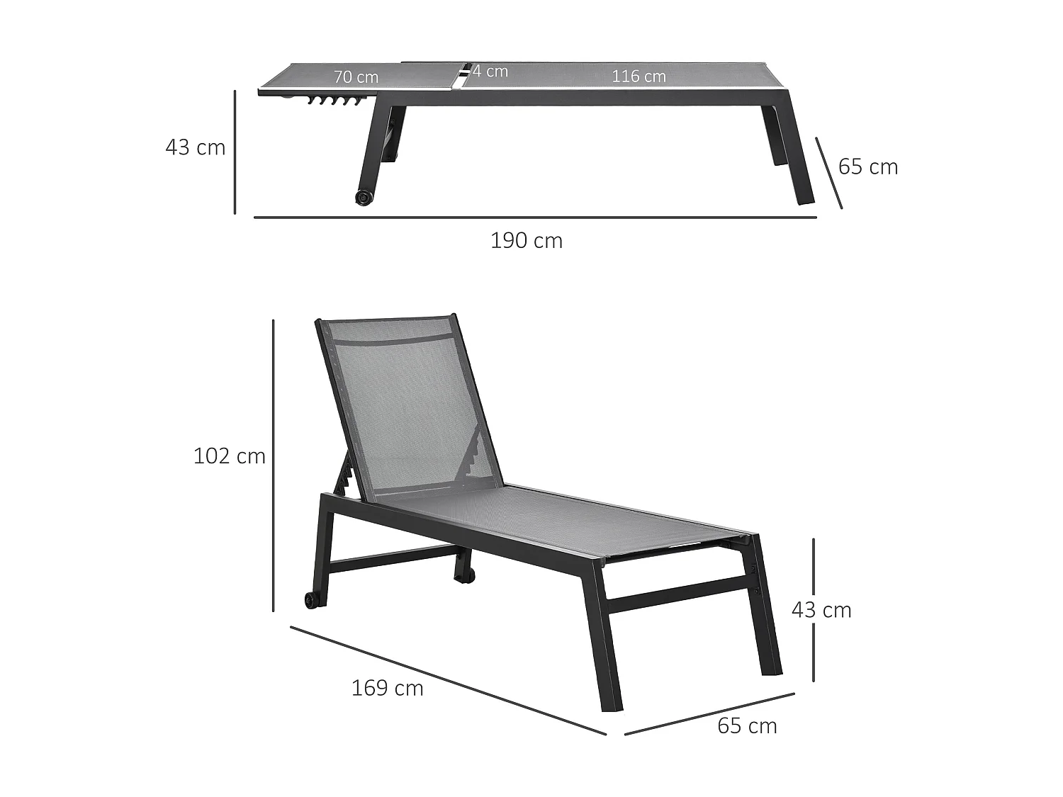 Sdraio Prendisole in Alluminio e Texteline con Schienale Regolabile e Ruote