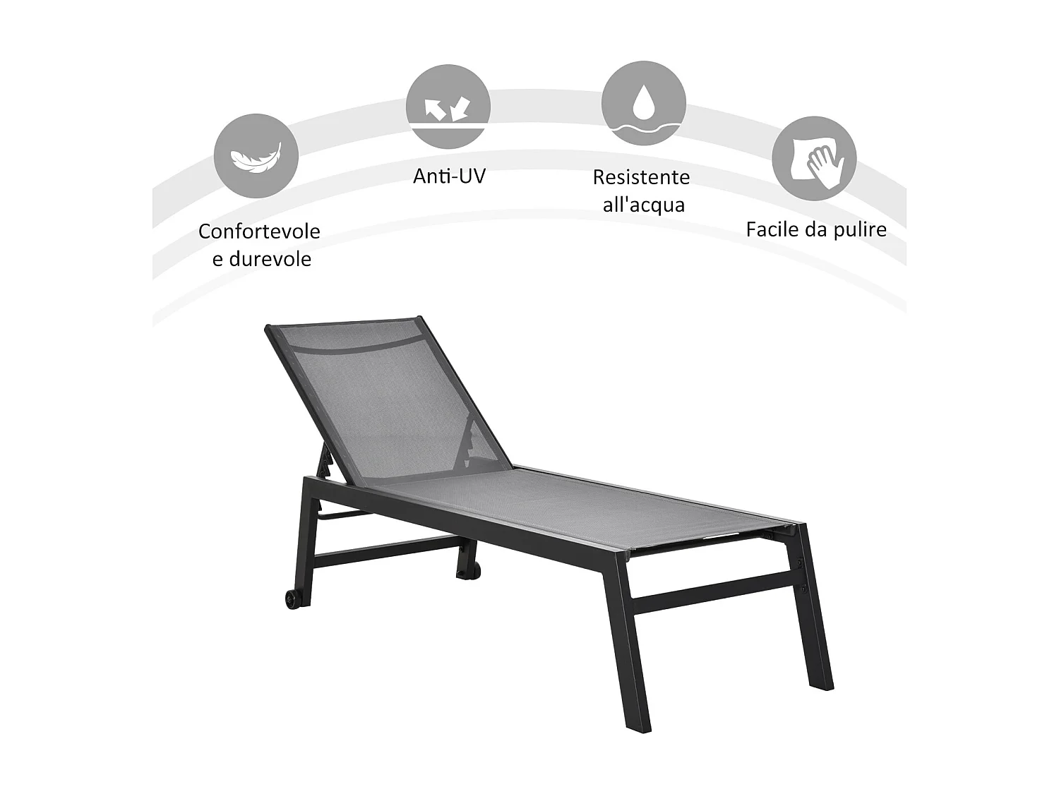 Sdraio Prendisole in Alluminio e Texteline con Schienale Regolabile e Ruote