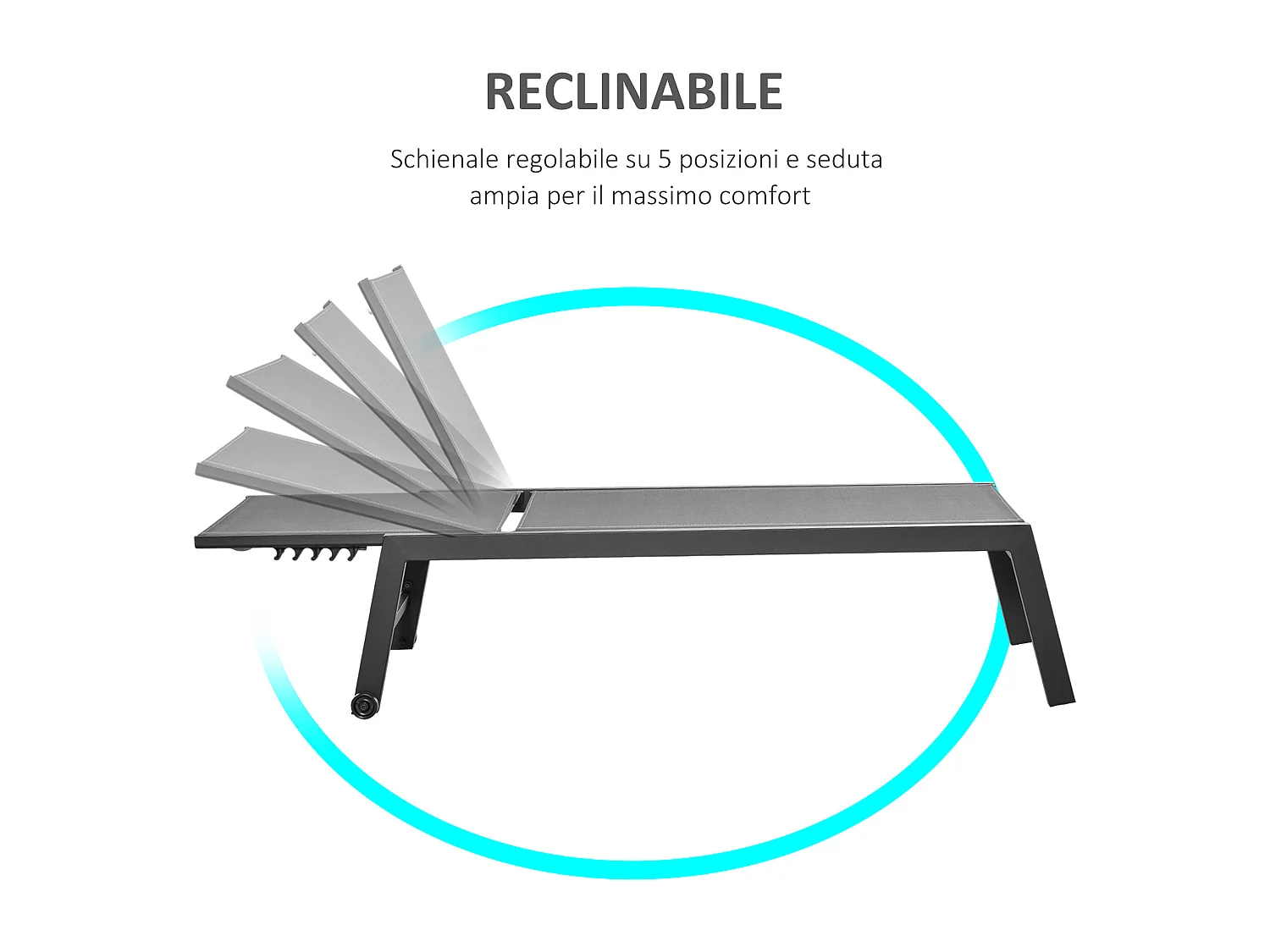 Sdraio Prendisole in Alluminio e Texteline con Schienale Regolabile e Ruote