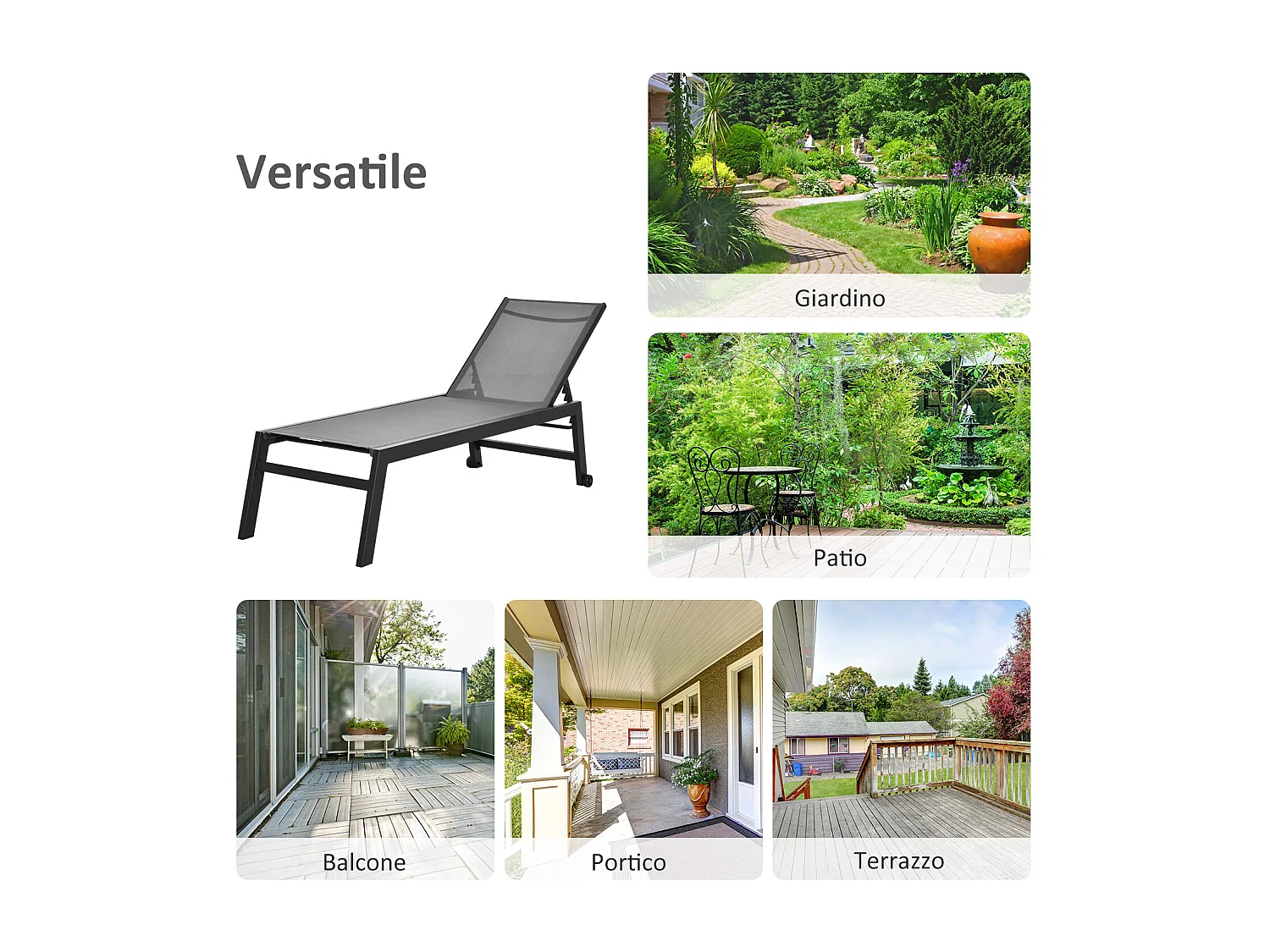 Sdraio Prendisole in Alluminio e Texteline con Schienale Regolabile e Ruote