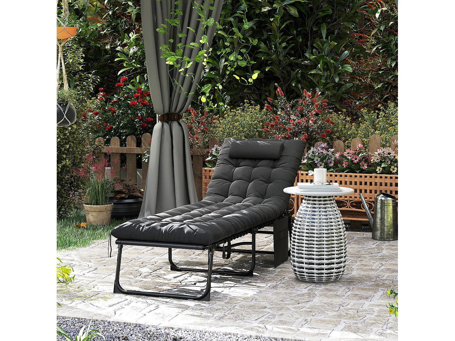 Lettino prendisole pieghevole con cuscino e tasca laterale nero