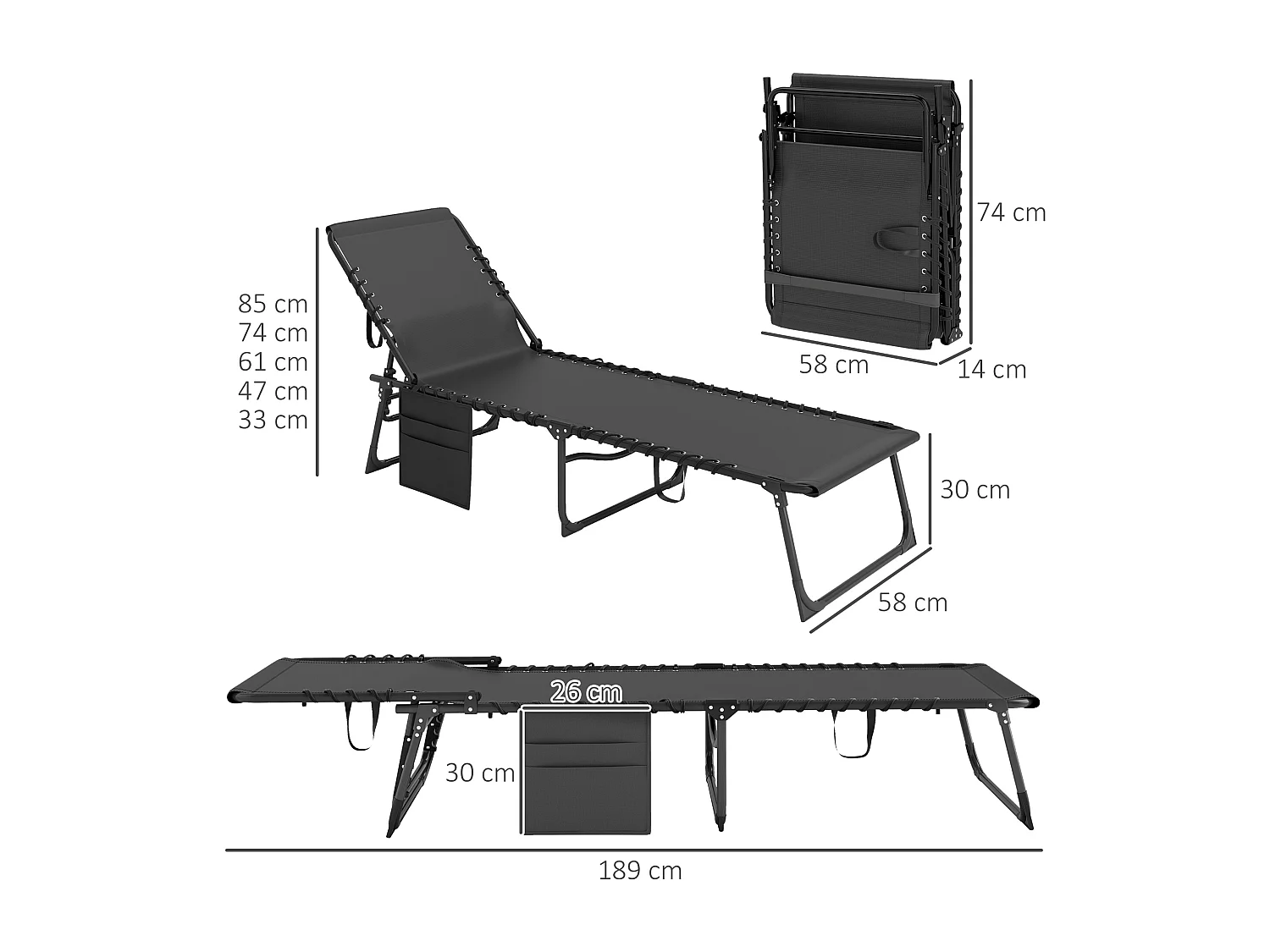 Lettino prendisole pieghevole con cuscino e tasca laterale nero