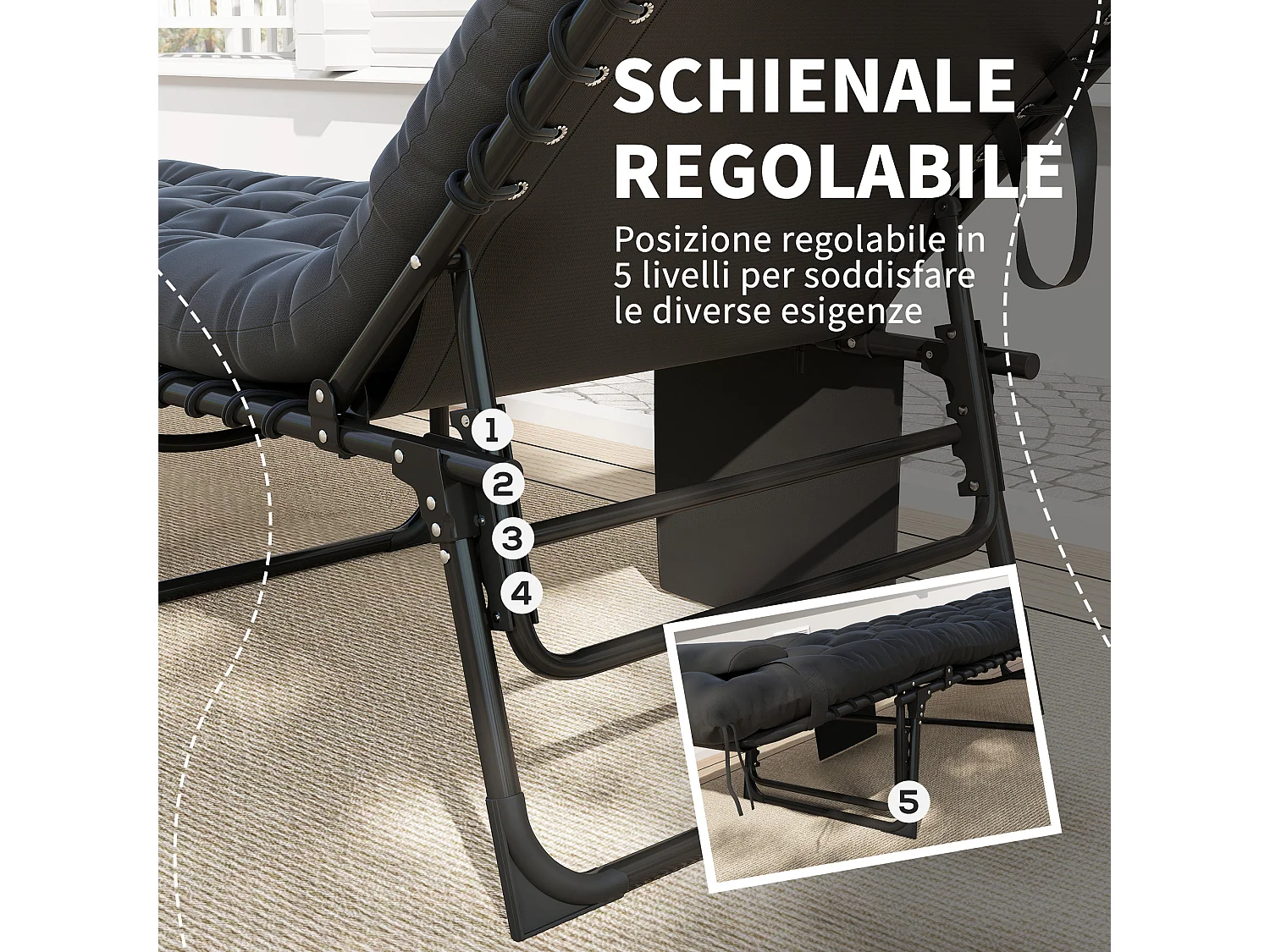 Lettino prendisole pieghevole con cuscino e tasca laterale nero