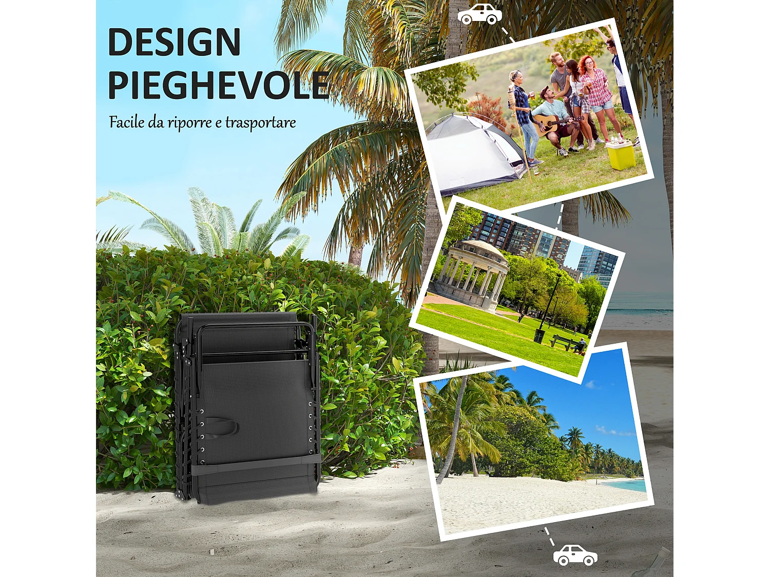 Lettino prendisole pieghevole con cuscino e tasca laterale nero