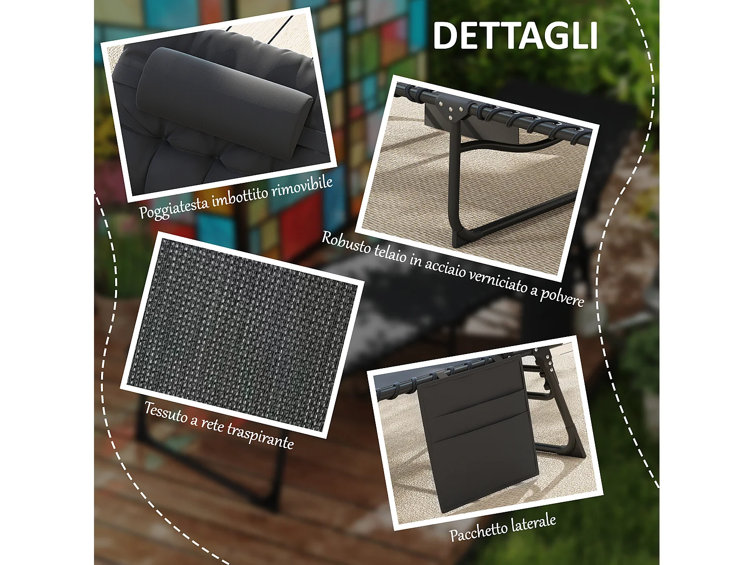 Lettino prendisole pieghevole con cuscino e tasca laterale nero