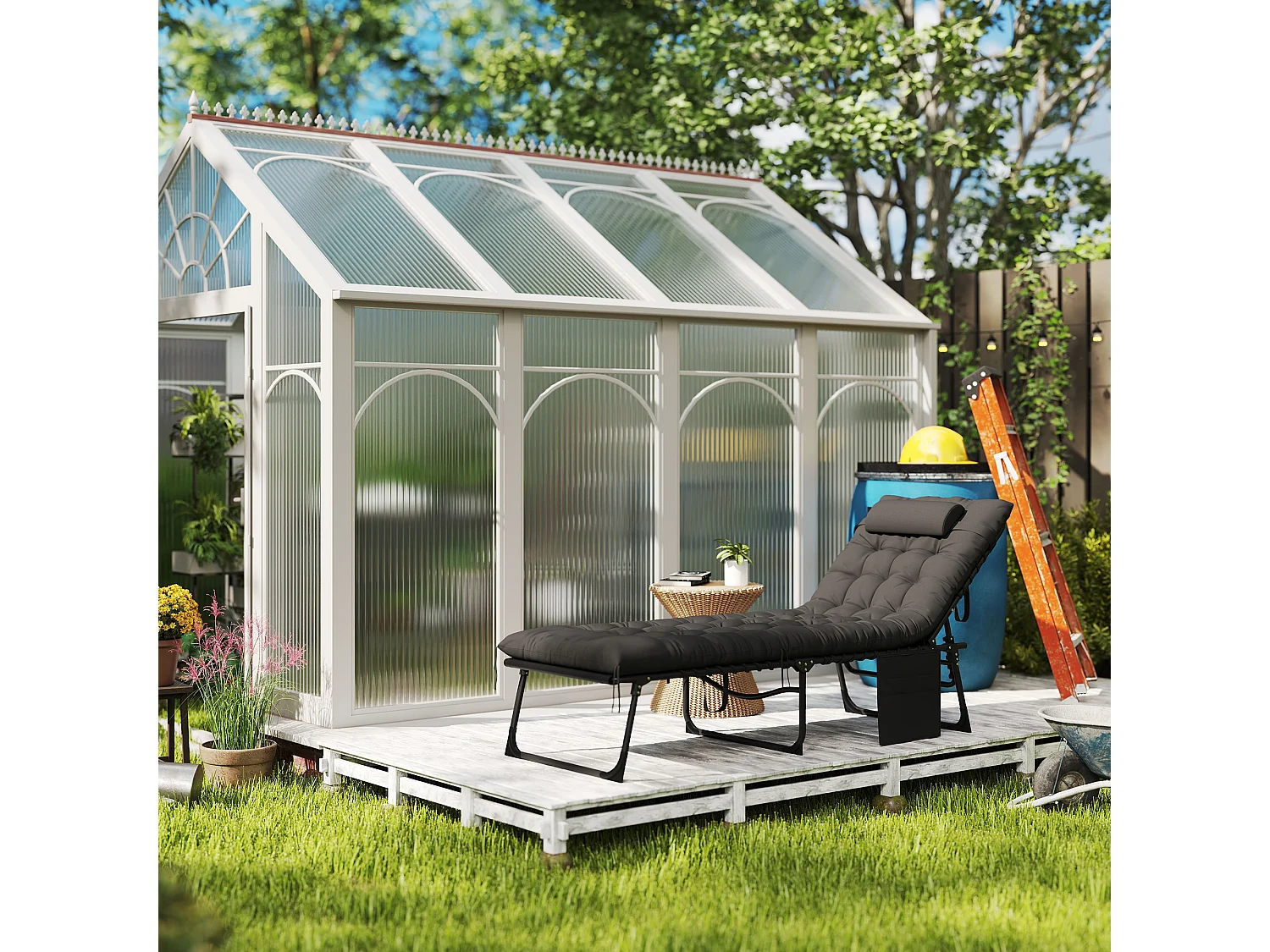 Lettino prendisole pieghevole con cuscino e tasca laterale nero