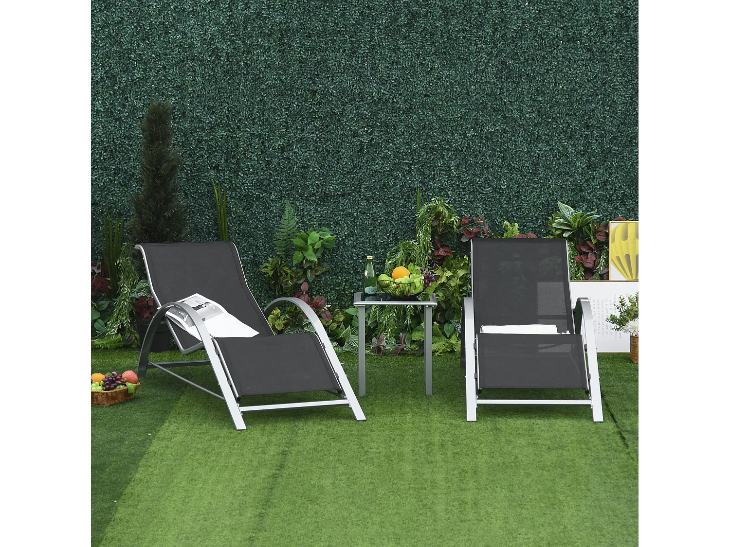 Set 2 Sdraio da Giardino con Tavolino in Vetro e Seduta in Tessuto Traspirante