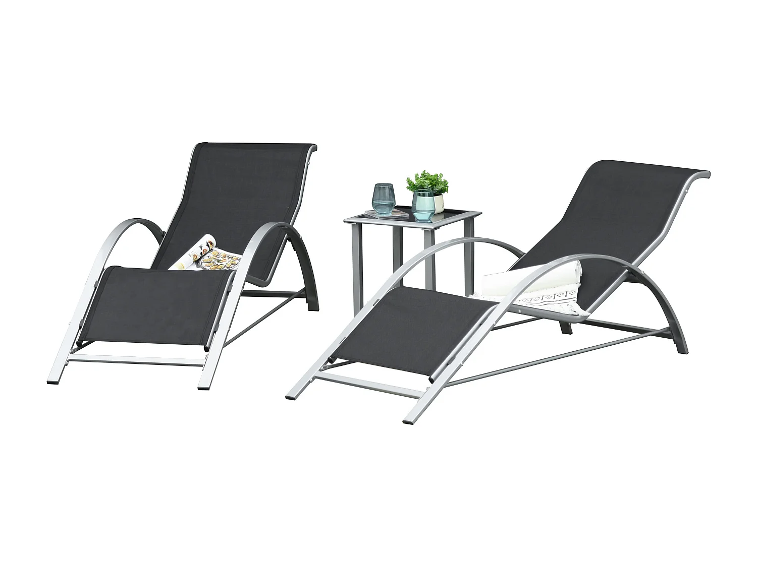 Set 2 Sdraio da Giardino con Tavolino in Vetro e Seduta in Tessuto Traspirante