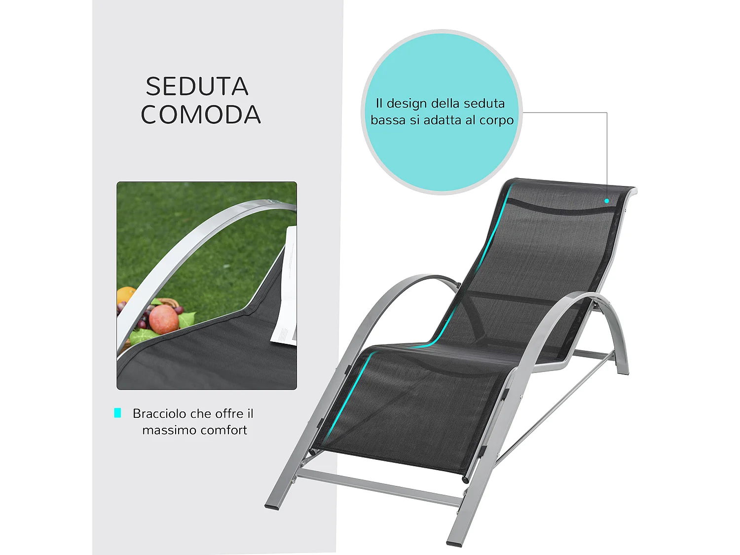 Set 2 Sdraio da Giardino con Tavolino in Vetro e Seduta in Tessuto Traspirante