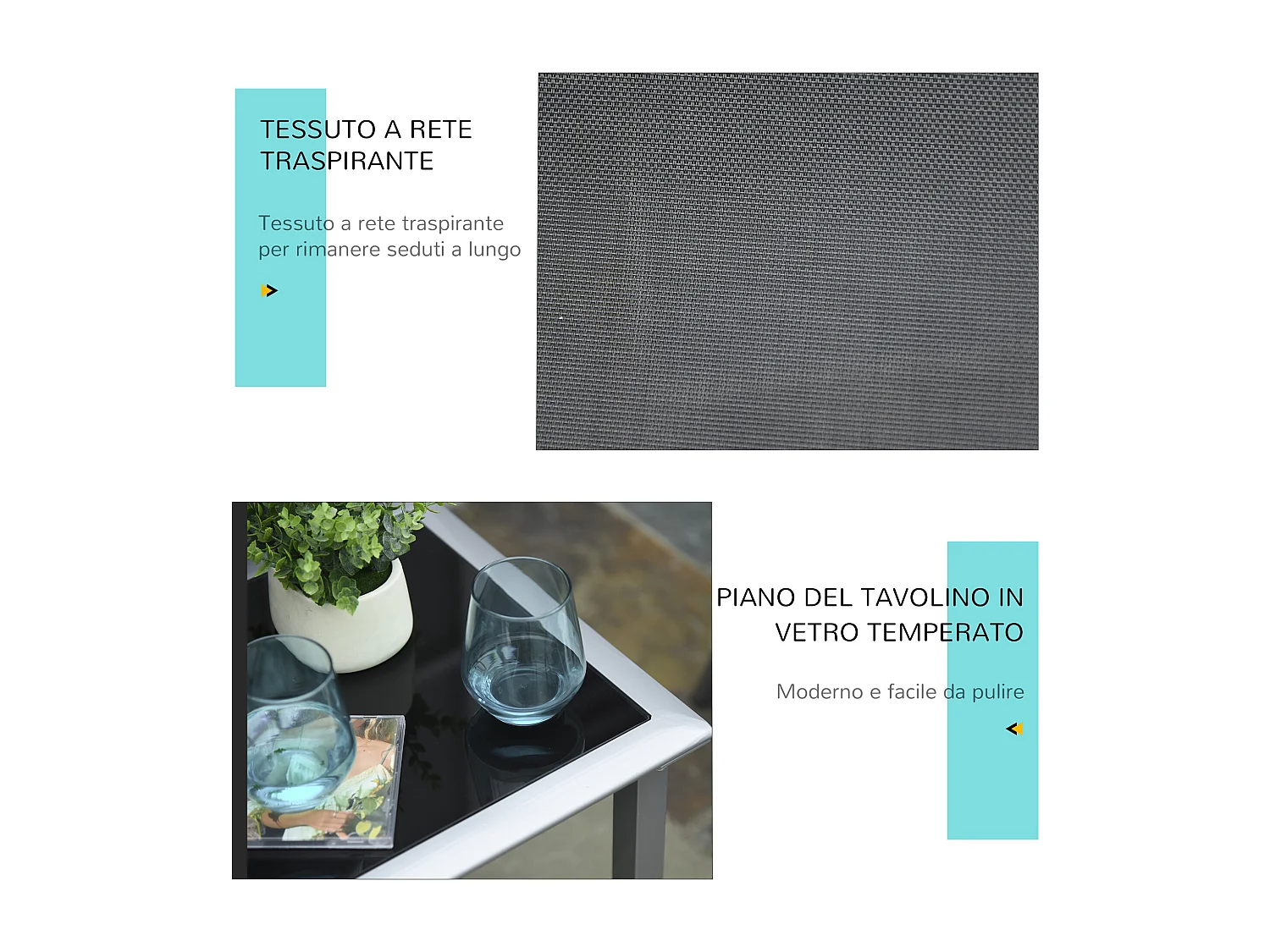 Set 2 Sdraio da Giardino con Tavolino in Vetro e Seduta in Tessuto Traspirante