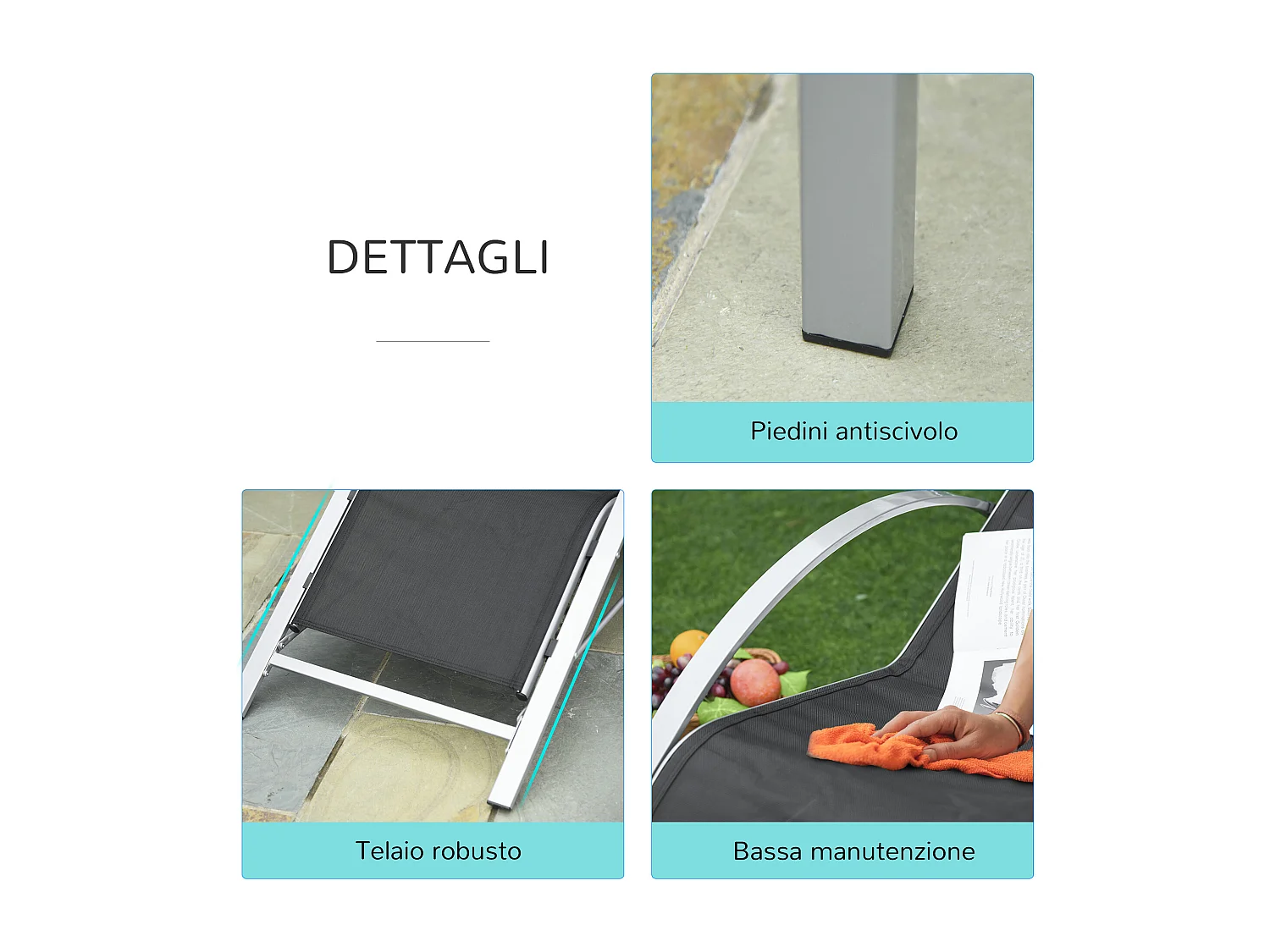 Set 2 Sdraio da Giardino con Tavolino in Vetro e Seduta in Tessuto Traspirante