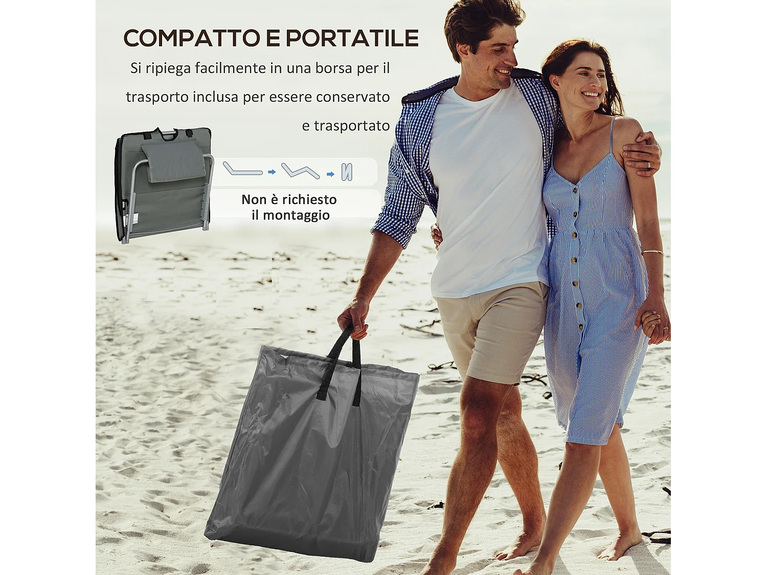 Set 2 lettini mare pieghevoli con schienale regolabile e borsa grigio