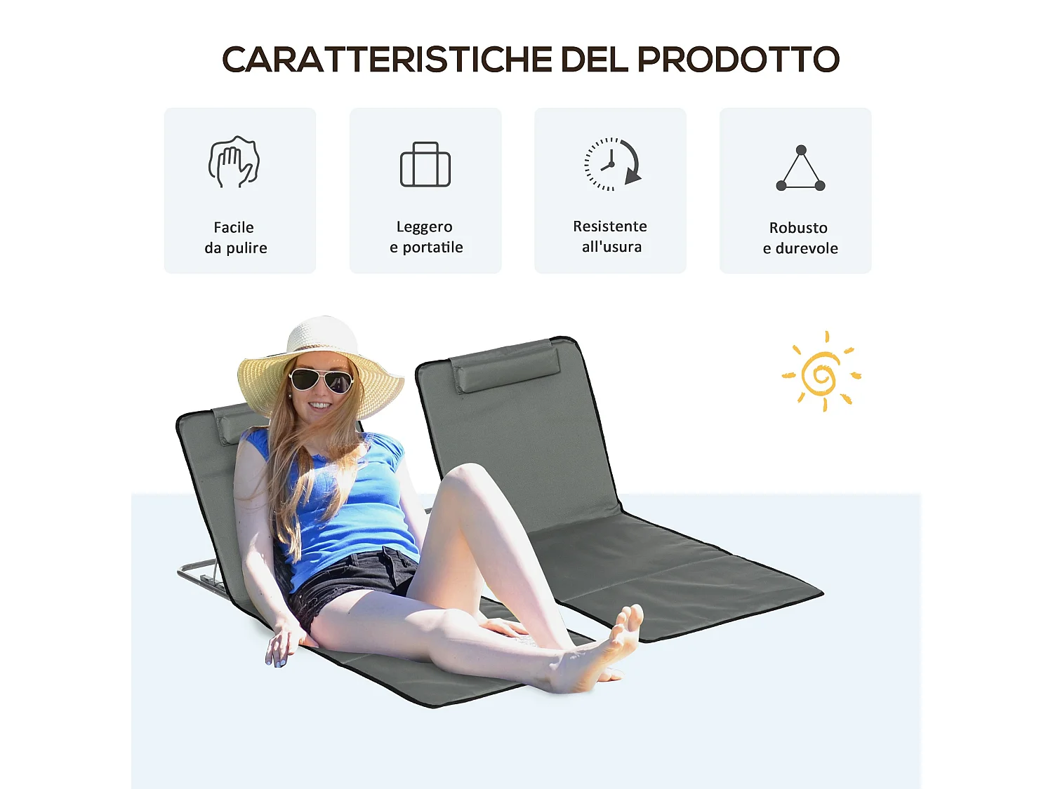 Set 2 lettini mare pieghevoli con schienale regolabile e borsa grigio