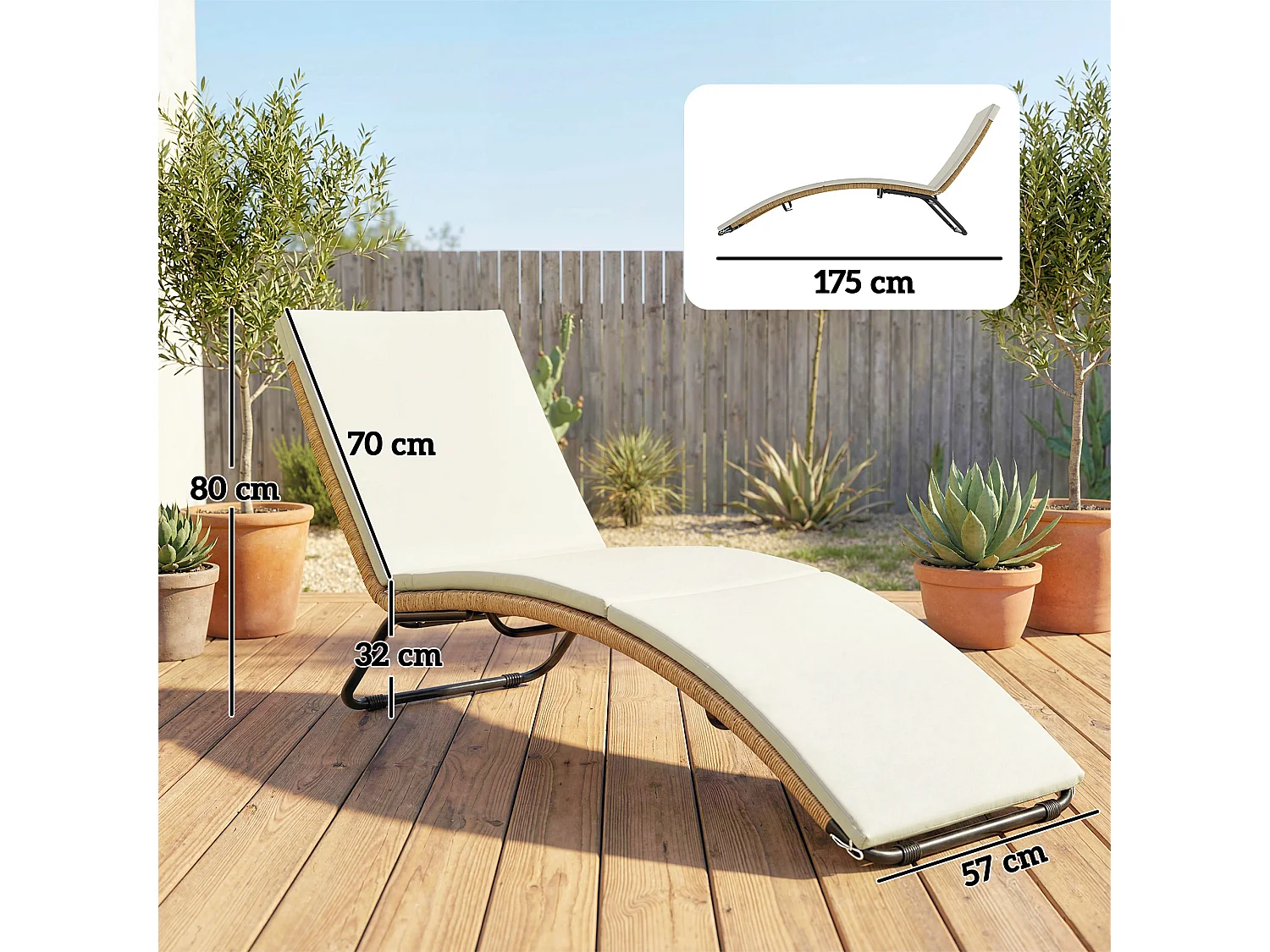 Lettino sdraio a s da esterno in rattan e acciaio 75x57x80 cm crema