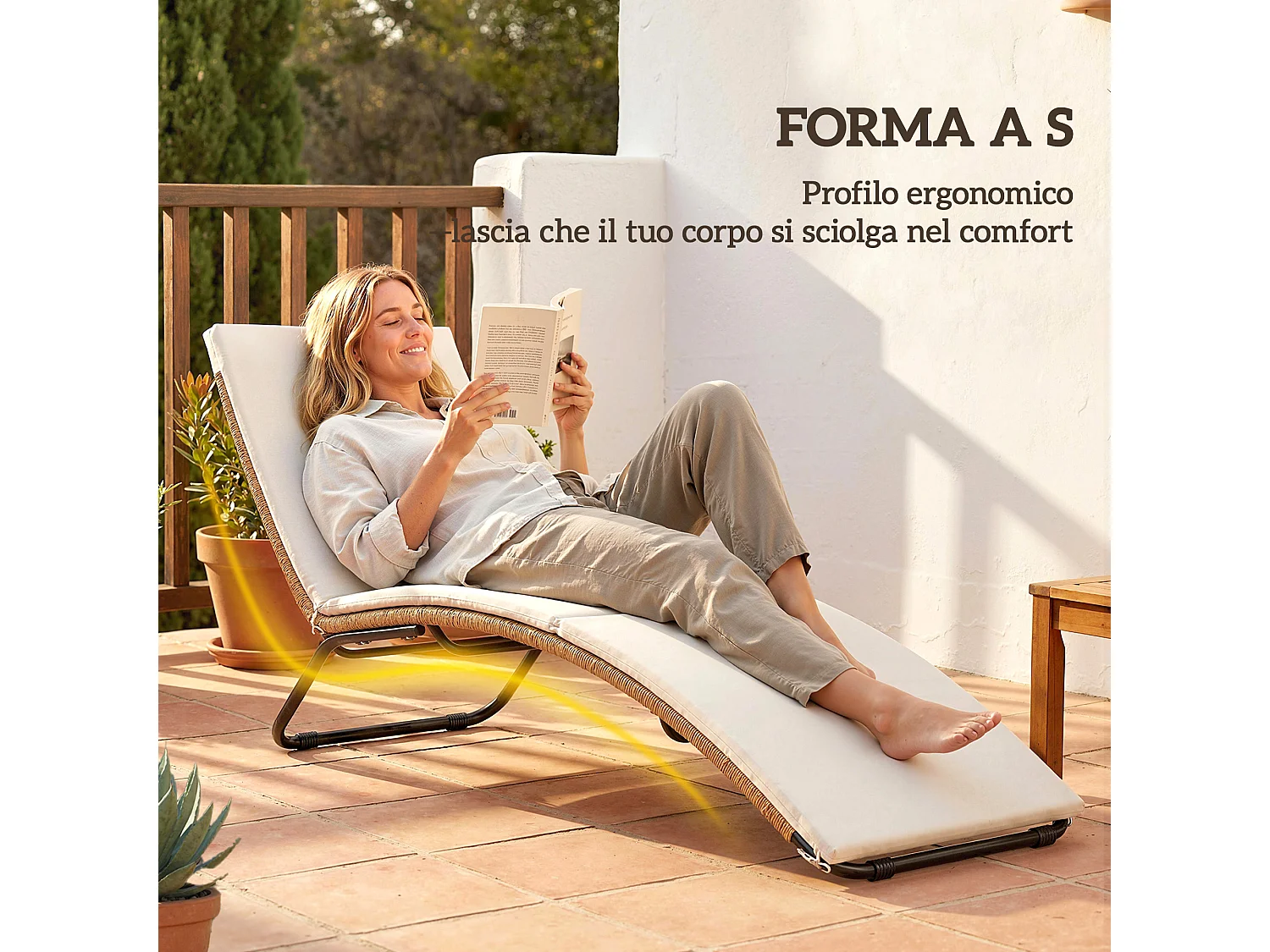 Lettino sdraio a s da esterno in rattan e acciaio 75x57x80 cm crema