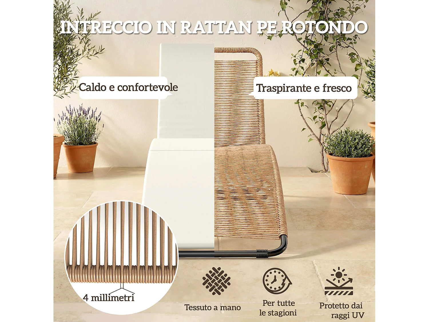 Lettino sdraio a s da esterno in rattan e acciaio 75x57x80 cm crema