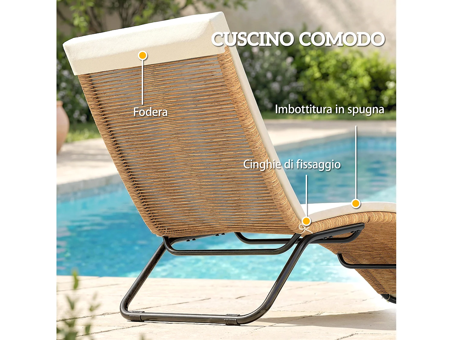 Lettino sdraio a s da esterno in rattan e acciaio 75x57x80 cm crema